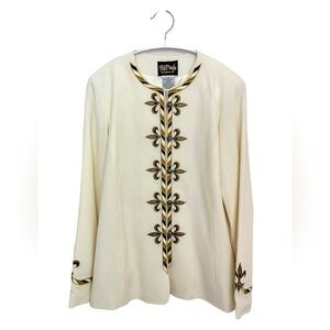 NWT Bob Mackie Wearable Art Ivory Jacket with Gold & Black Fleur de Lis - Size S